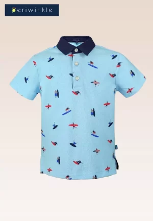 Imman Boys Printed Polo Pique With Chambray Collar